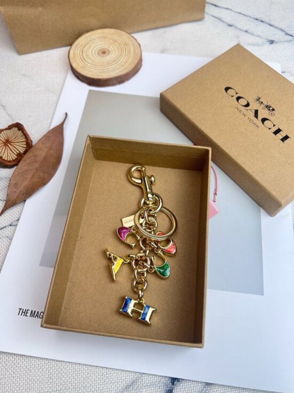 Coach Gold-Tone Multicolor Glitter Letter Charm Keyring keychain key holder